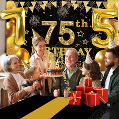 75th Birthday Decorations Men Women with 75th Birthday Banner, Black and Gold Ta