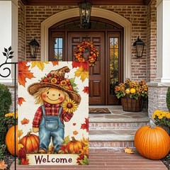 Thanksgiving Garden Flag – 12×18″ Burlap Fall Pumpkin Scarecrow Yard Decor