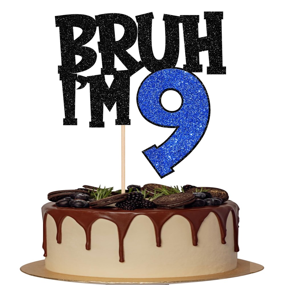 1 PCS Bruh I’m 9 Cake Topper Glitter Happy 9th Birthday Pick Blue Supplies