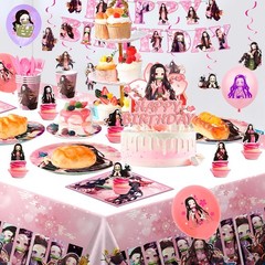 117 Pcs Nezuko Party Decorations Set Tablecloth Plate Balloon Hanging Swirls Cup