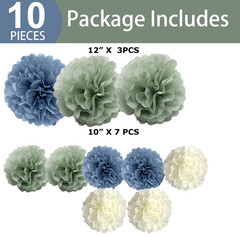 Sage-Green Dusty Blue Ivory Party-Decorations – 10-Pack Blue Green Boho Tissue P