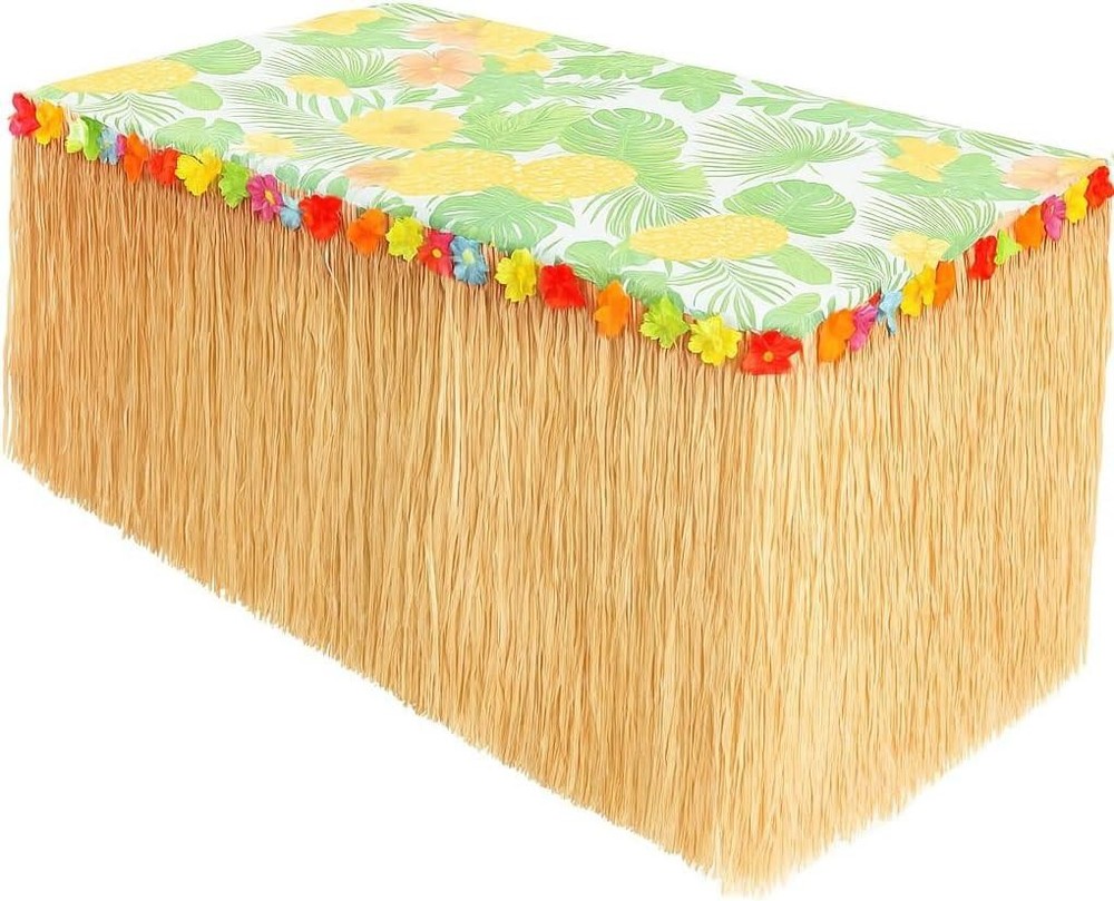 9 Feet X 29.5″ Luau Grass Table Skirt – Hawaiian Theme Party Skirt with Hibiscou
