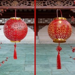 Solar For Red Lantern Iron Hanging Light Outdoor Festive Garden Decoration New