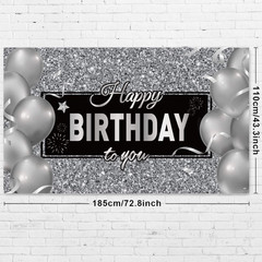 Black Silver Happy Birthday Banner Backdrop Party Decoration for Men Women Birth