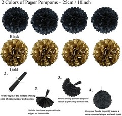 Stunning 21 Pcs Paper Fan & Pom Poms Set in Black & Gold for Memorable Events