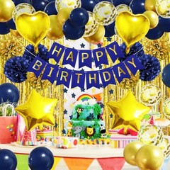 Birthday Party Decorations for Men, Navy Blue Gold Happy Birthday Banner Pomp…