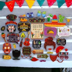 Fiesta Photo Booth Props – 41-pc Photobooth Kit with 8 x 10-Inch Sign, 60 Adh…