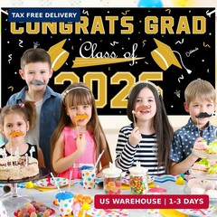 2026 Graduation Decorations – Black Gold Polyester Graduation Backdrop – Graduat