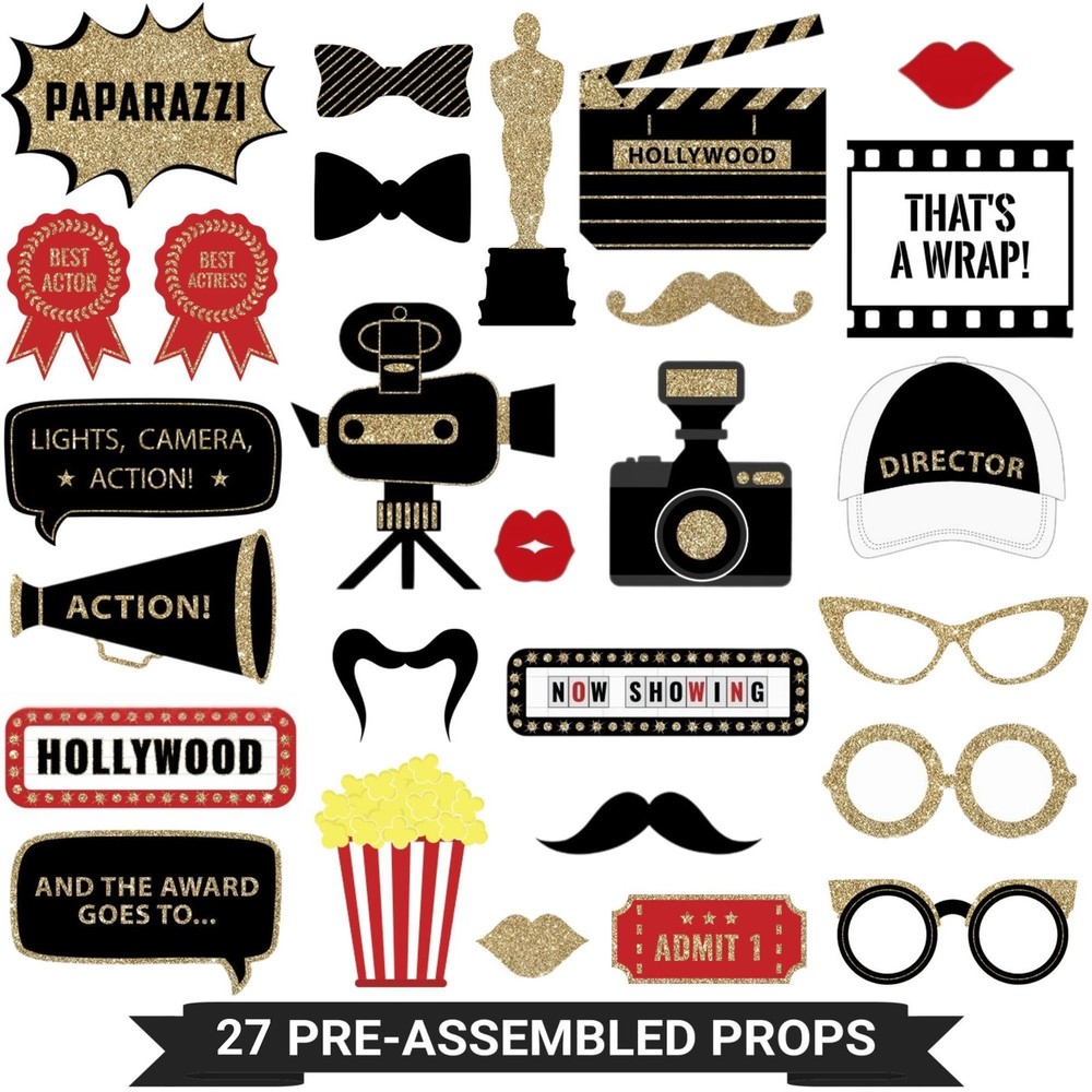 Fully Assembled Hollywood Photo Booth Props – Set of 27 – Black Gold Red Self…