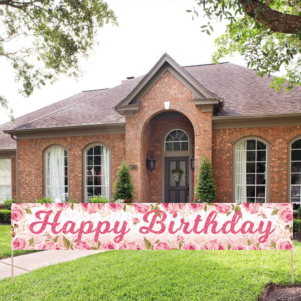 Green Leaf Pink Rose Flower Happy Birthday Decorations Party Garage Decor Banner