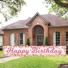 Green Leaf Pink Rose Flower Happy Birthday Decorations Party Garage Decor Banner