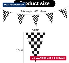 BEISHIDA 100ft 48pcs Black white Checkered Racing Pennant Flags Banner,Reusable
