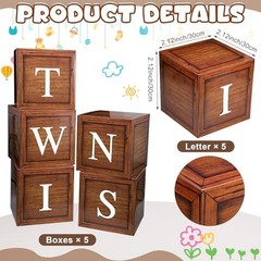 Twins Baby Shower Decorations Baby Boxes with Letters 5pcs Wood Baby Brown