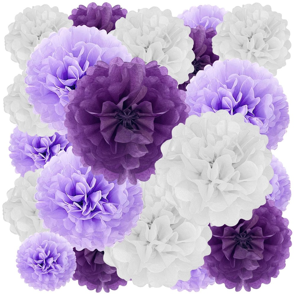 Tissue Pom Poms, Purple White Tissue Flowers, Hanging Flower Balls for Weddin…