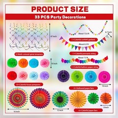Cinco De Mayo Decor Set 33Pcs, Paper Fans Pom Poms Banner, Multicolor