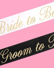 Bride & Groom Sash Duo 2 PCS White/Black Satin Gold Foil Engagement Decor