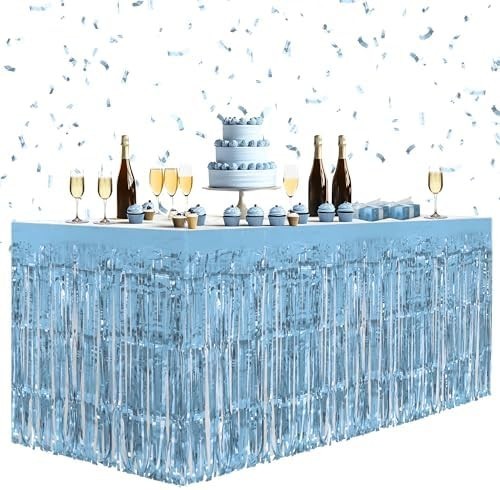 2 Pack Light Blue Table Skirts, 29×108″ Metallic Foil Tinsel Fringe Table Ski…