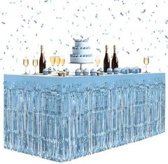 2 Pack Light Blue Table Skirts, 29×108″ Metallic Foil Tinsel Fringe Table Ski…