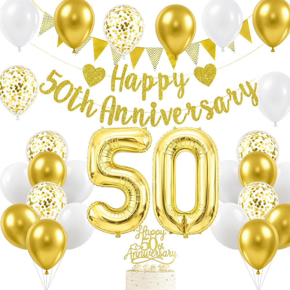 White Gold 50Th Anniversary Decor Set，Gold Glitter Happy 50Th Anniversary Banner