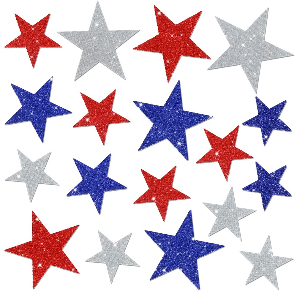 6 Sheets Glitter Stars Window Clings Patriotic Glitter Blue Red White Stars
