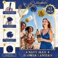 NICROLANDEE Navy Blue and Gold Decorations, 12PCS Hanging Paper Lanterns Tiss…