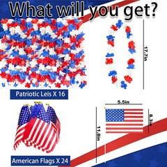 40 PCS Red White and Blue Flower Leis & Flags – Perfect 4th of July Favors