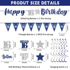 Blue Silver 16th Birthday Decorations for Boys Girls, Happy