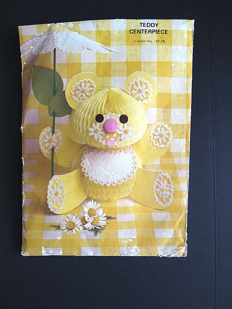 1970s Hallmark Baby Shower Table Decoration Yellow Teddy Bear Honeycomb Tissue