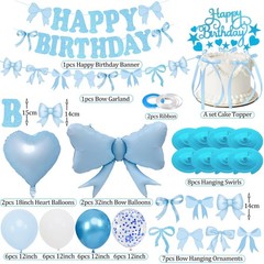 Blue Bow Birthday Decorations, Happy Birthday Banner Garland and Hanging Swir…