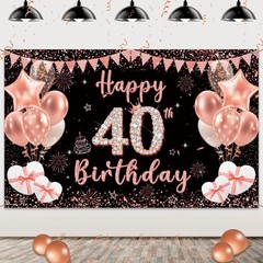 40th Birthday Decoration Backdrop Banner – Black Rose Gold Happy 40