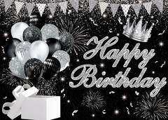 Silver Black Happy Birthday Backdrop 7X5Ft Silver and Black Glitter Birthday