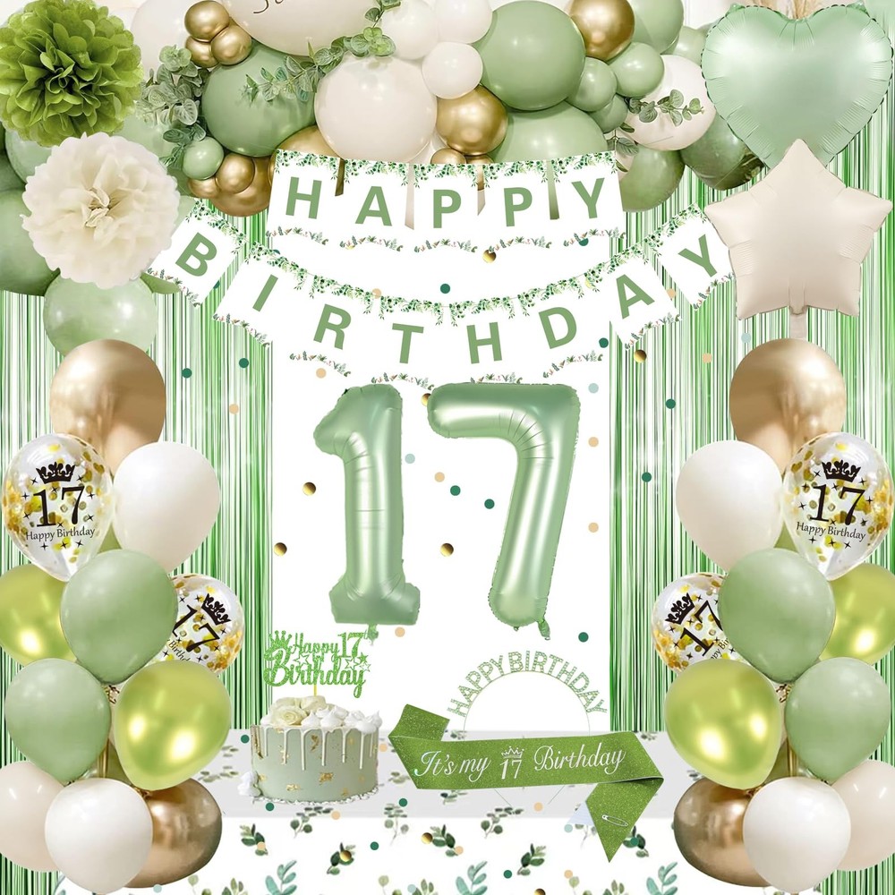 17th Birthday Decorations for Girls, Sage Green Bday 32 Inches,
