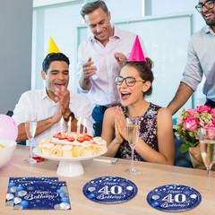 40PCS Happy 40Th Birthday Decorations Blue and Silver Cheers to 40 Years Plates