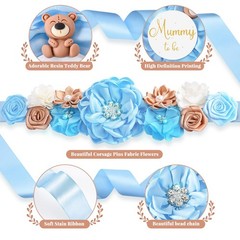 Floral Maternity Sash Mummy Daddy to Be Corsage Pin Set Blue Teddy Bear Baby …