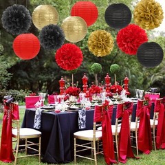 15 PCS Red Black Gold Casino Theme Tissue Paper Pom Poms Lanterns Decorations