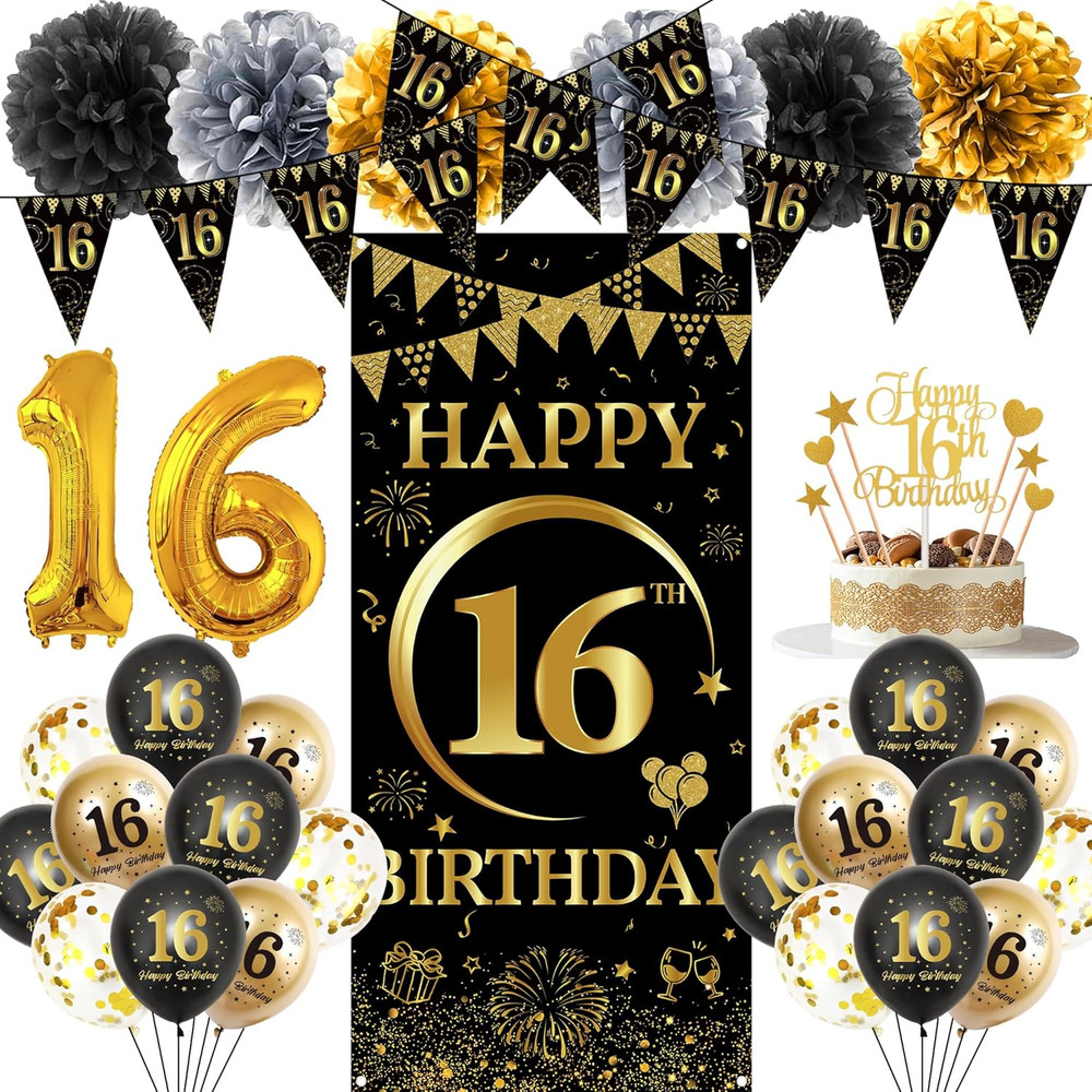 16Th Birthday Decorations Girls Boys – 37 Pcs Black Gold Banner Pennant Triangle