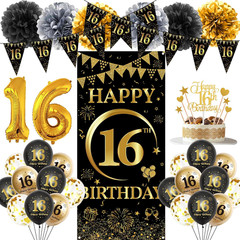 16Th Birthday Decorations Girls Boys – 37 Pcs Black Gold Banner Pennant Triangle