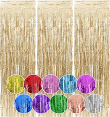 3 Pack Champagne Tinsel Backdrop, 3.3X6.6 FT Metallic Tinsel Foil Fringe Curtain