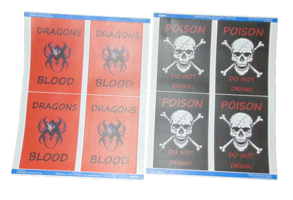 Halloween Dragon Blood & Poison Warning Labels Set of 8 Avery Kiss Cut