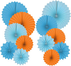Paper round Fan Party Decorations, Blue Yellow Hanging Fans for Carnival Circus,