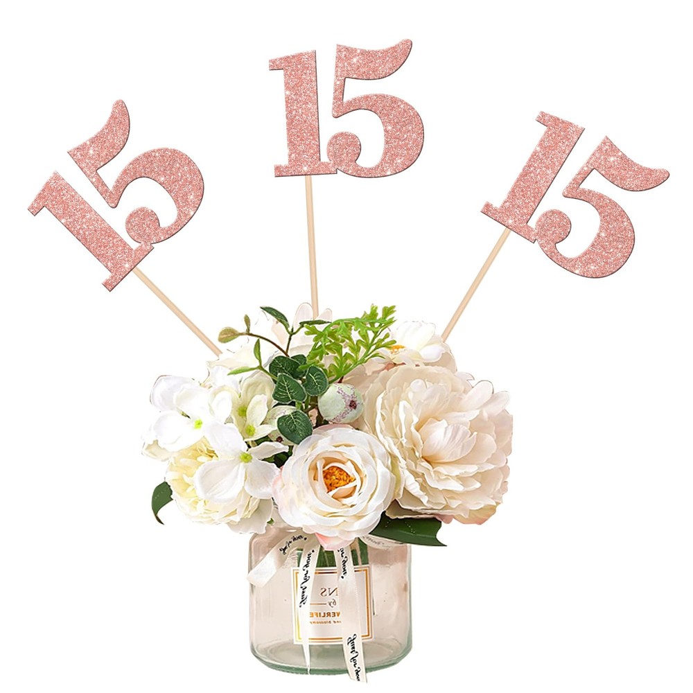 Centerpiece Sticks Happy 15th Birthday Rose Gold Double Sided Glitter 12 PCS