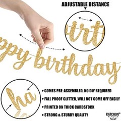 KatchOn Glitter Happy Birthday Banner – 10 Feet, Pre-Strung – Luxurious Gold
