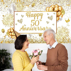 50Th Wedding Anniversary Decorations – White Gold Happy Anniversary Banner, Larg