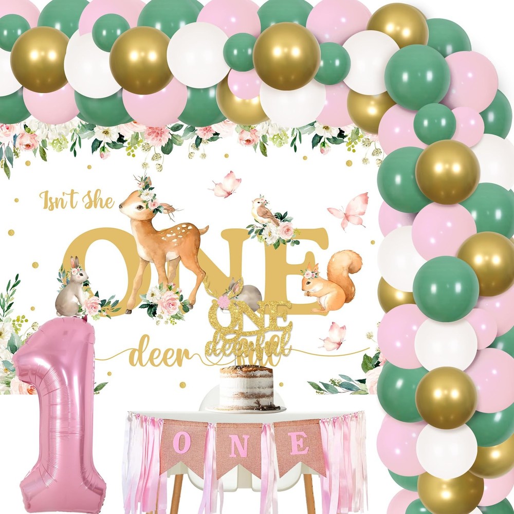 Balterver Deer 1st Birthday Decorations for Girls – Sage Green & Pink Kit wit…