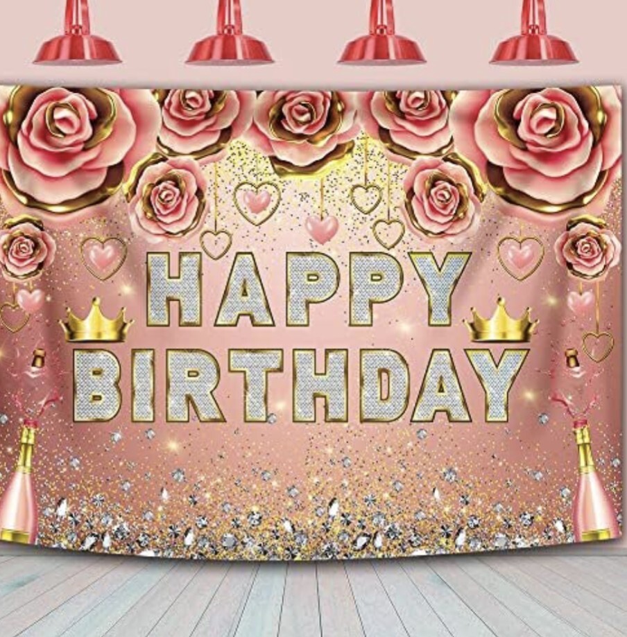 Rose Gold Happy Birthday Backdrop 7X5 Ft Floral Glitter Diamonds Champagne New