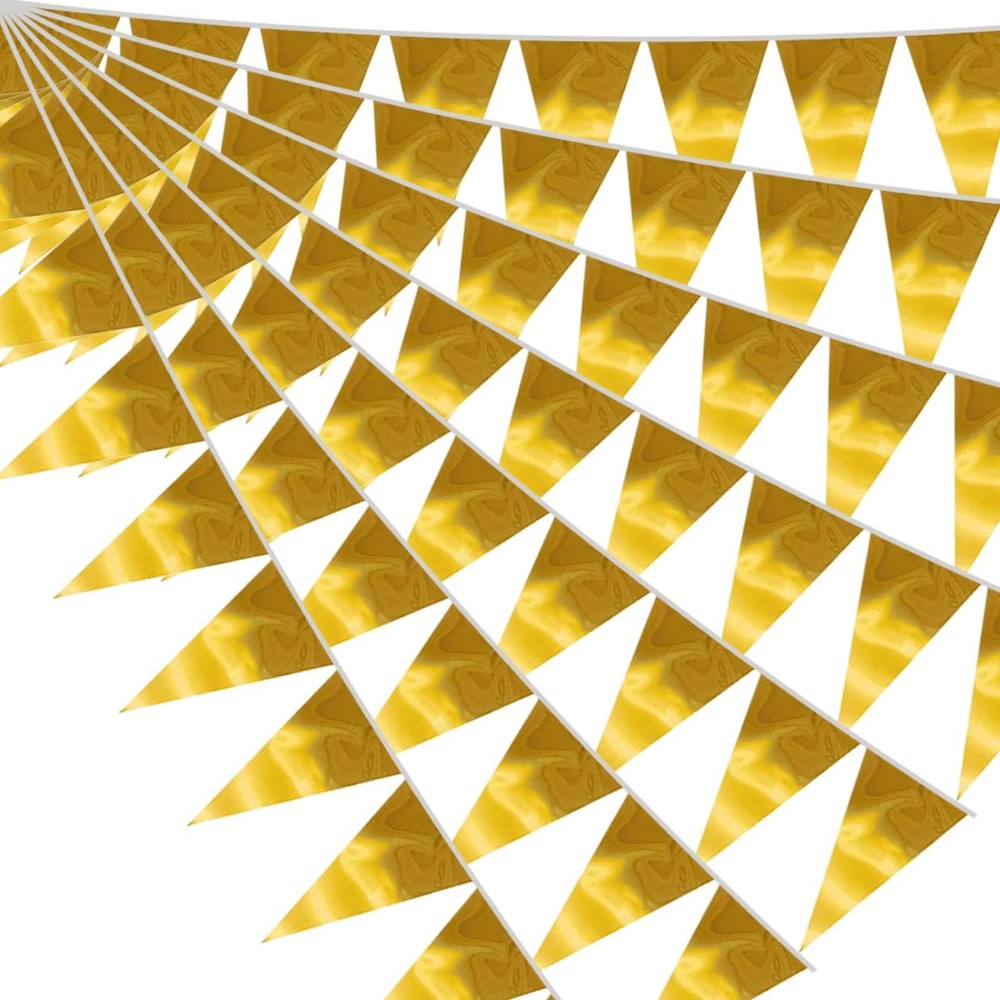 40M/130FT Gold Triangle Pennant Banner Flag Metallic Fabric Bunting Garlands