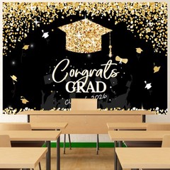 Class of 2026 Graduation Backdrop Banner Black Gold Congrats Grad Party Decor