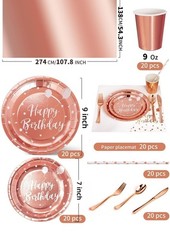 Birthday Party Tableware Dinnerware Set, 161 Pieces, Serves 20, Rose Gold