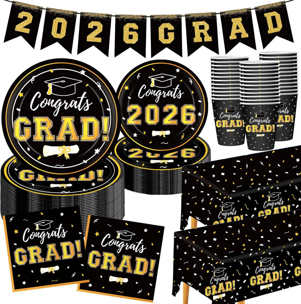 Graduation Decorations 2026 Disposable Black Graduation Tableware Kit for 25 Gue