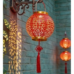 Solar For Red Lantern Iron Hanging Light Outdoor Festive Garden Decoration New